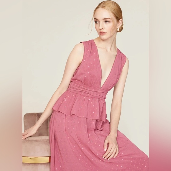 LDT Peplum Maxi Dress Prairie Feminie Fairycore Sz 8 Blush Pink Metallic - Picture 2 of 8